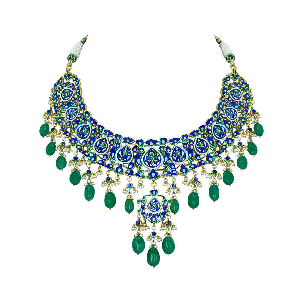 Pear Shaped Polki Choker with Emerald Drops and Cascading Design